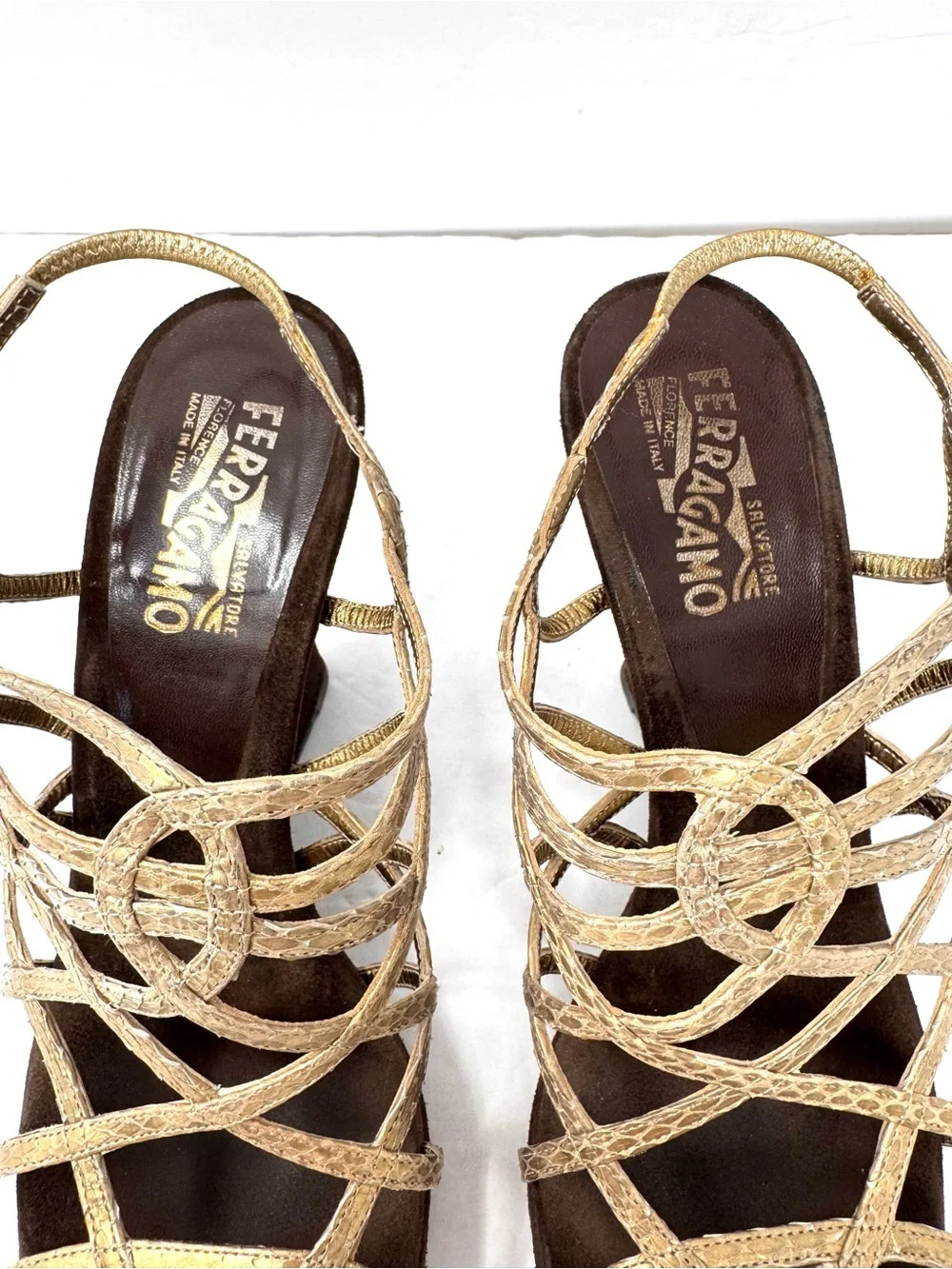 SALVATORE FERRAGAMO gold mesh leather/suede wedges, made in Italy, size 9.5